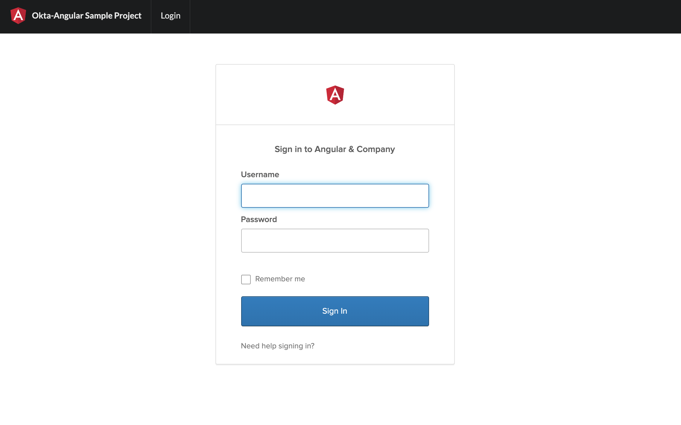 Screenshot of basic Okta Sign-In Widget using Angular